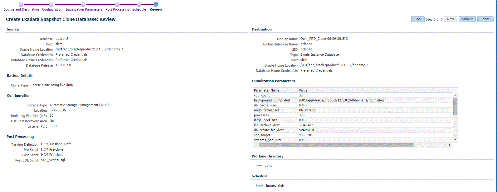 Exadata snapshot clone review page
