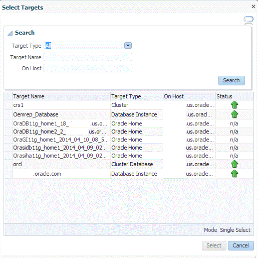 Search and Select Targets display box