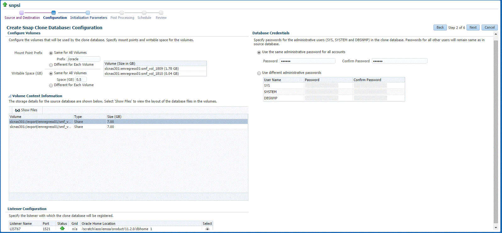 Create Snap Clone Database Configuration page