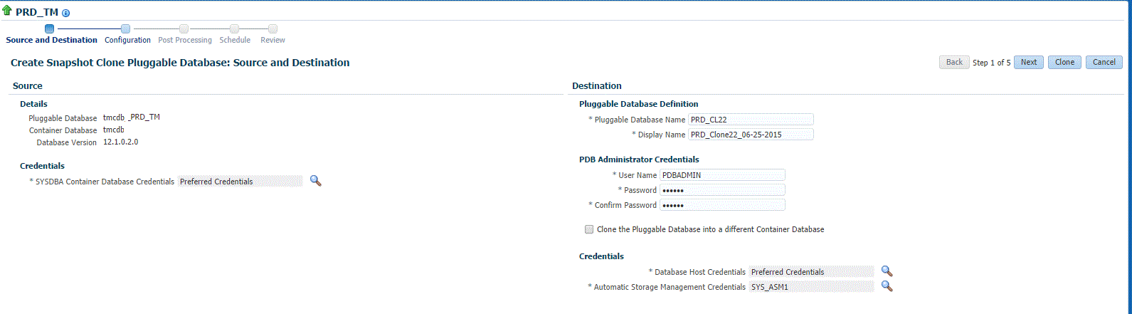 PDB exadata snapshot clone source and destination page