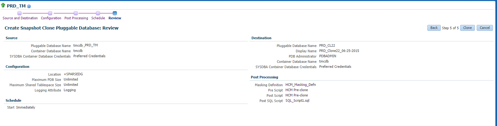PDB exadata snapshot clone review page