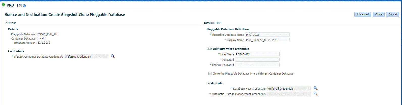 PDB exadata snapshot clone source page