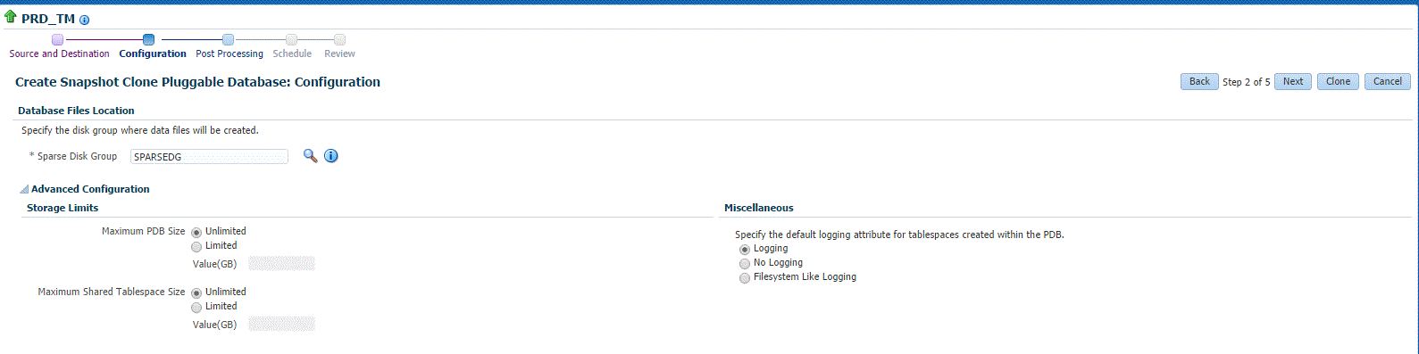 PDB exadata snapshot clone config page