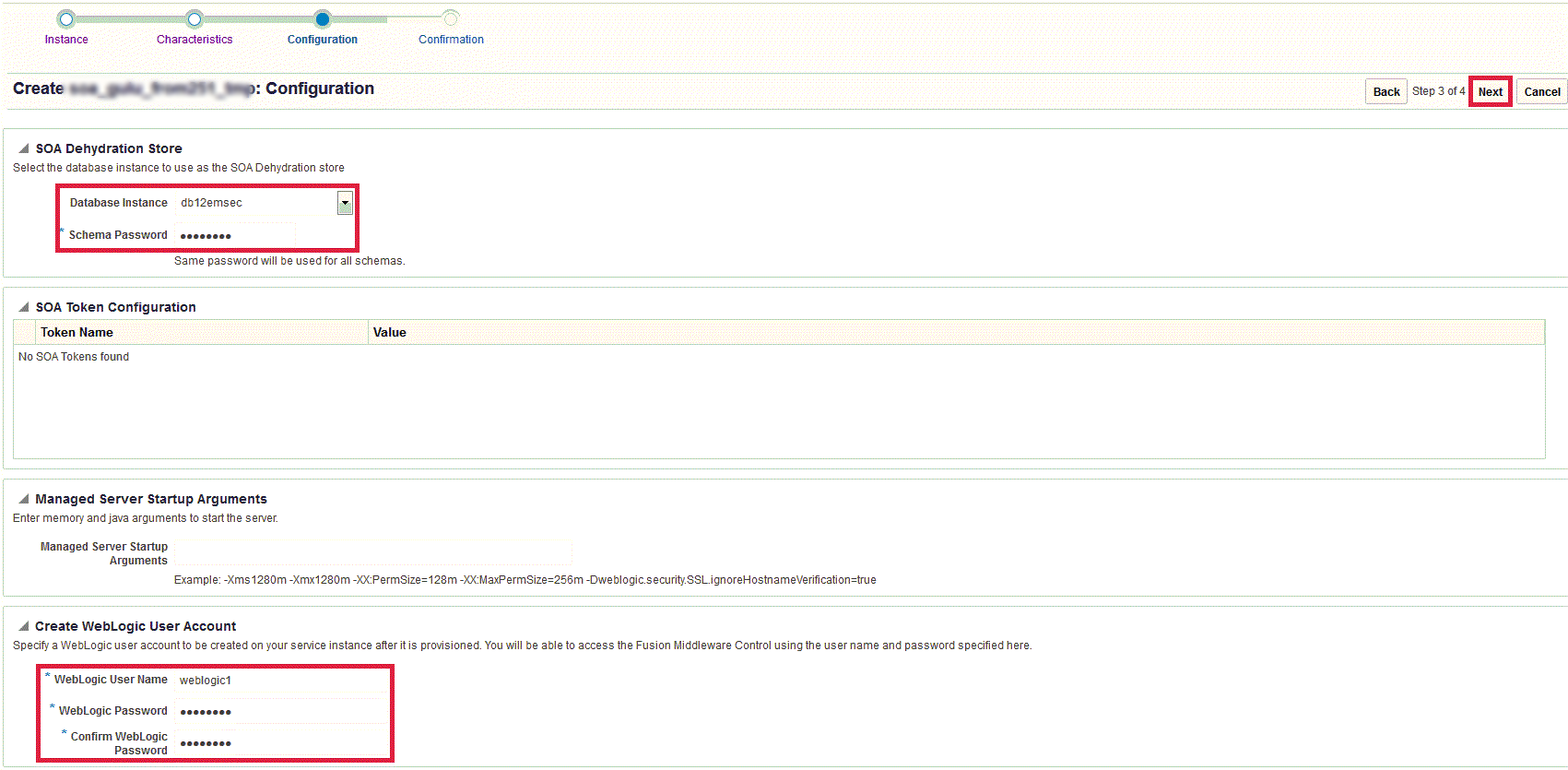 Create SOA instance wizard