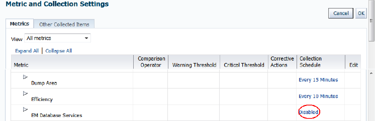 Click Disabled to enable collections for database services Click Disabled to enable collections for database services
