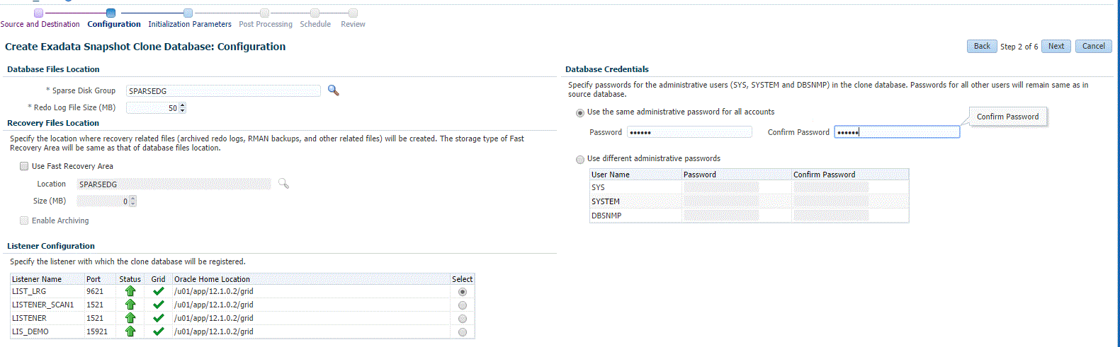 Exadata snapshot clone configuration page