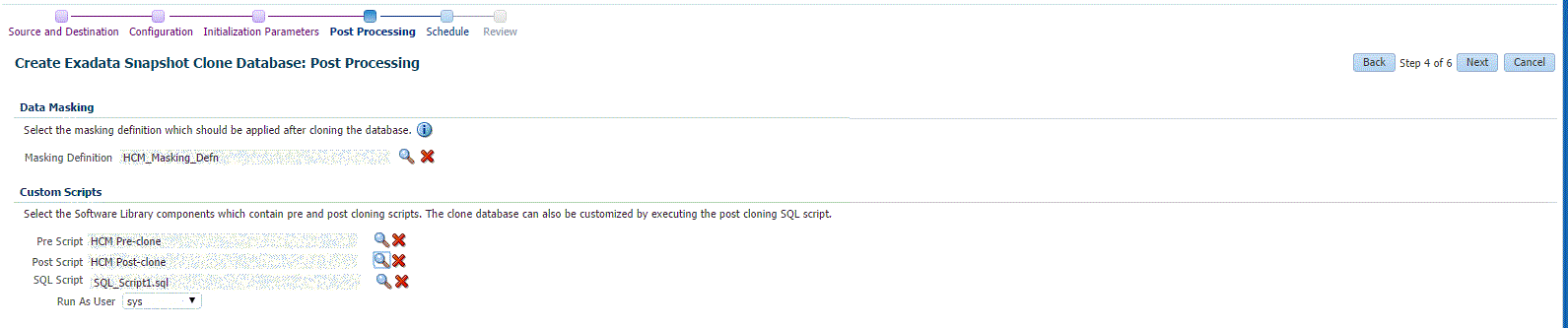 Exadata snapshot clone post processing page