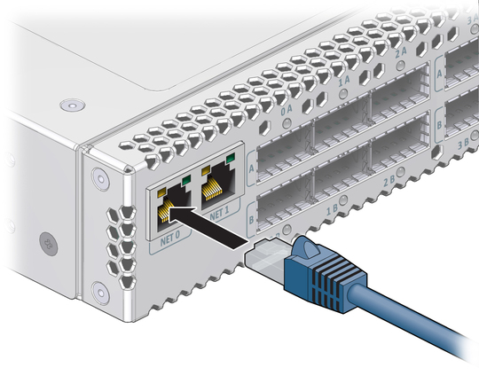 Illustration shows the network management cable being connected. image:Illustration shows the network management cable being connected.