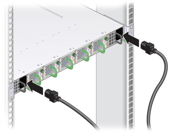 Illustration shows the power cords being attached. image:Illustration shows the power cords being attached.