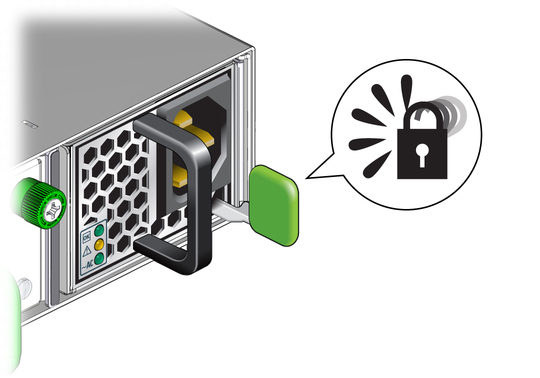 Illustration shows the power supply being secured. image:Illustration shows the power supply being secured.