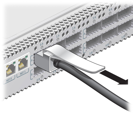 Illustration shows the InfiniBand cable being removed. image:Illustration shows the InfiniBand cable being removed.