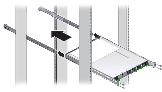 Illustration shows the switch sliding into the rack. image:Illustration shows the switch sliding into the rack.