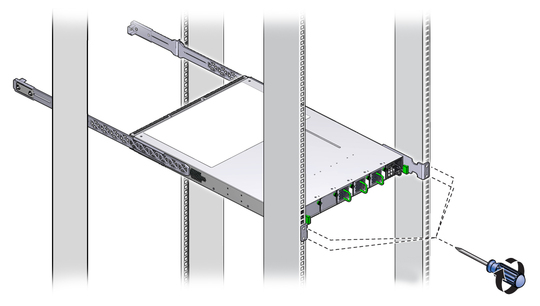 Illustration shows the switch being secured to the rack. image:Illustration shows the switch being secured to the rack.