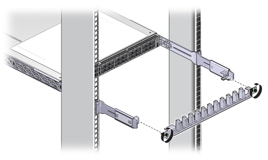 Illustration shows the cable management bracket being installed to the switch. image:Illustration shows the cable management bracket being installed to the switch.