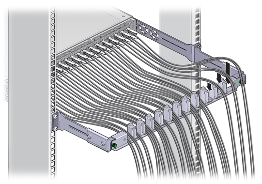 Illustration shows the InfiniBand cables being laid into the cable management bracket. image:Illustration shows the InfiniBand cables being laid into the cable management bracket.