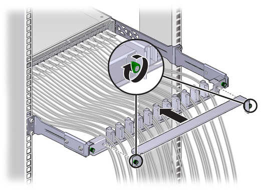 Illustration shows the cable management bracket cover being installed. image:Illustration shows the cable management bracket cover being installed.