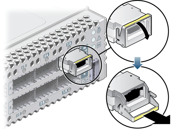 Illustration shows the transceiver being removed. image:Illustration shows the transceiver being removed.