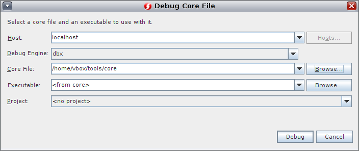 Debug Core file dialog box image:Debug Core file dialog box