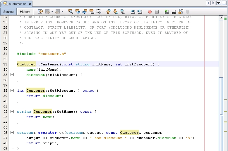 image:Editor window with instances of Customer class highlighted in                                 yellow