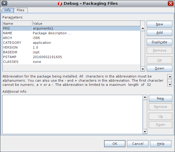 Packaging Files dialog box, Info tab image:Packaging Files dialog box, Info tab