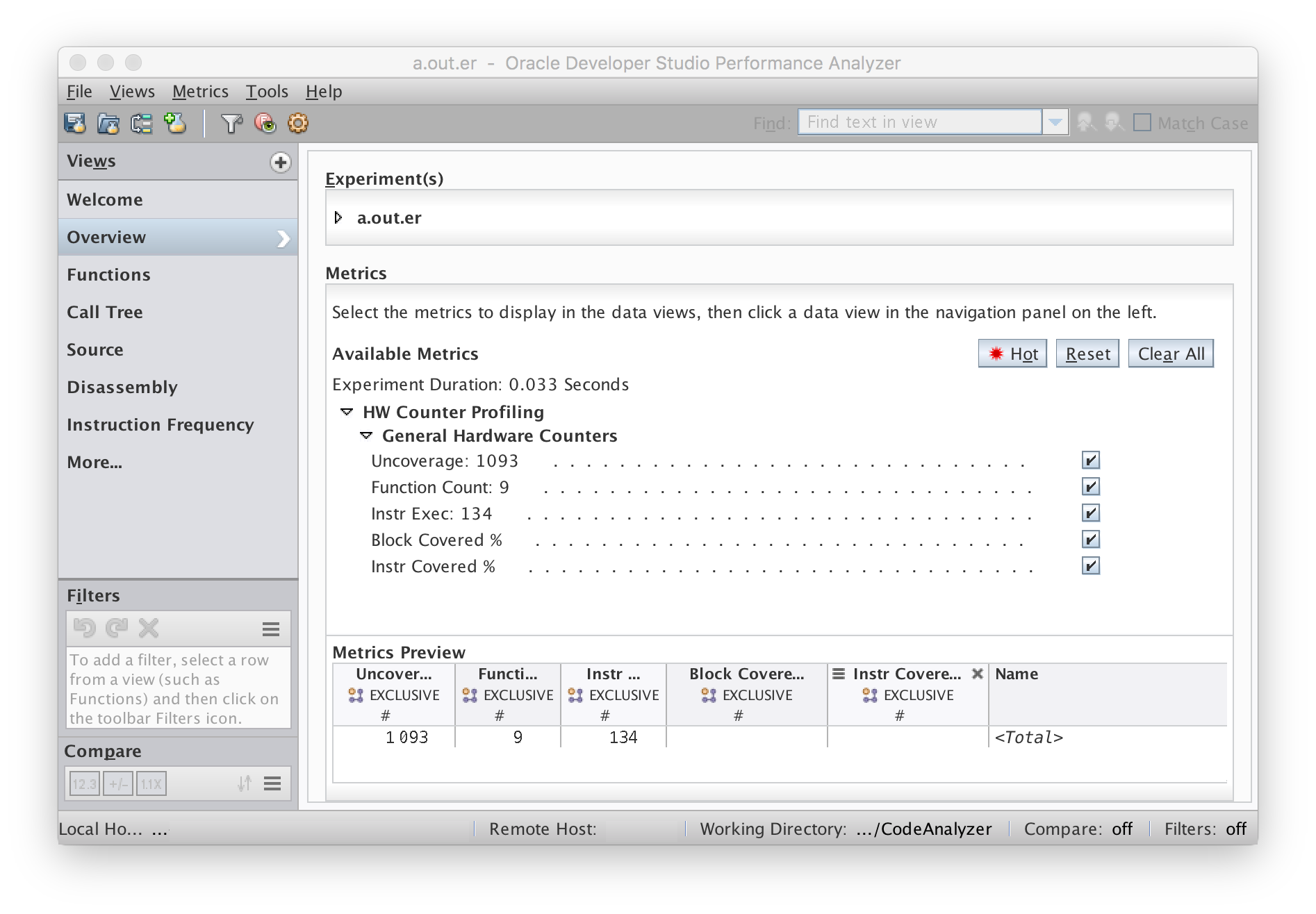 image:Uncoverage report in Overview screen in Performance Analyzer