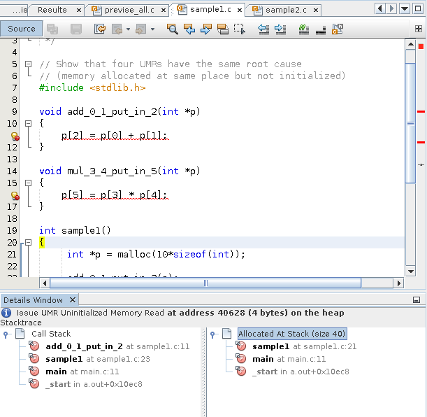 image:Source file for Uninitialized Memory Read error with Details                                 window
