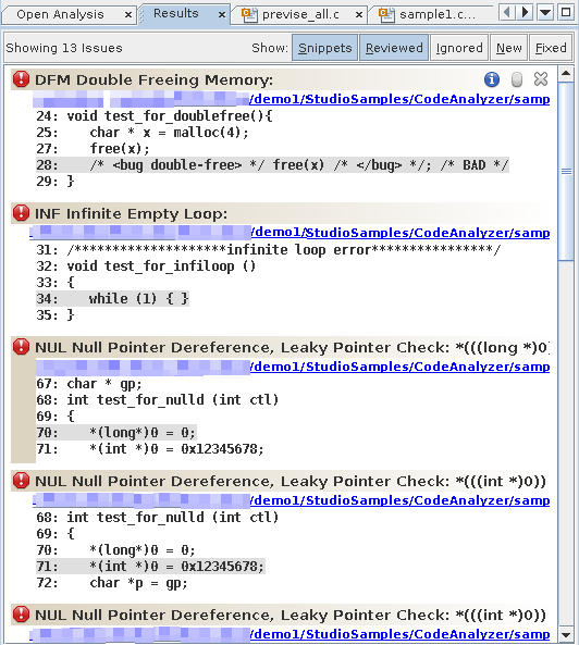 image:Code Analyzer Results tab displaying static issues