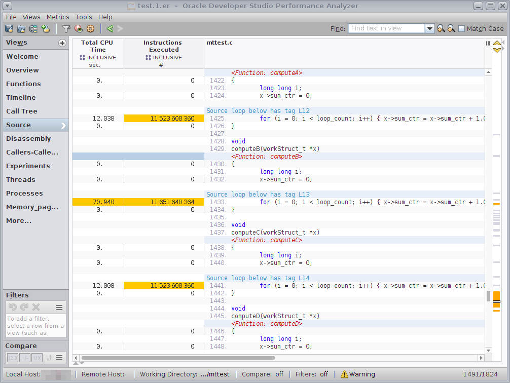 image:Source view of Performance Analyzer showing high Total CPU for computeB function