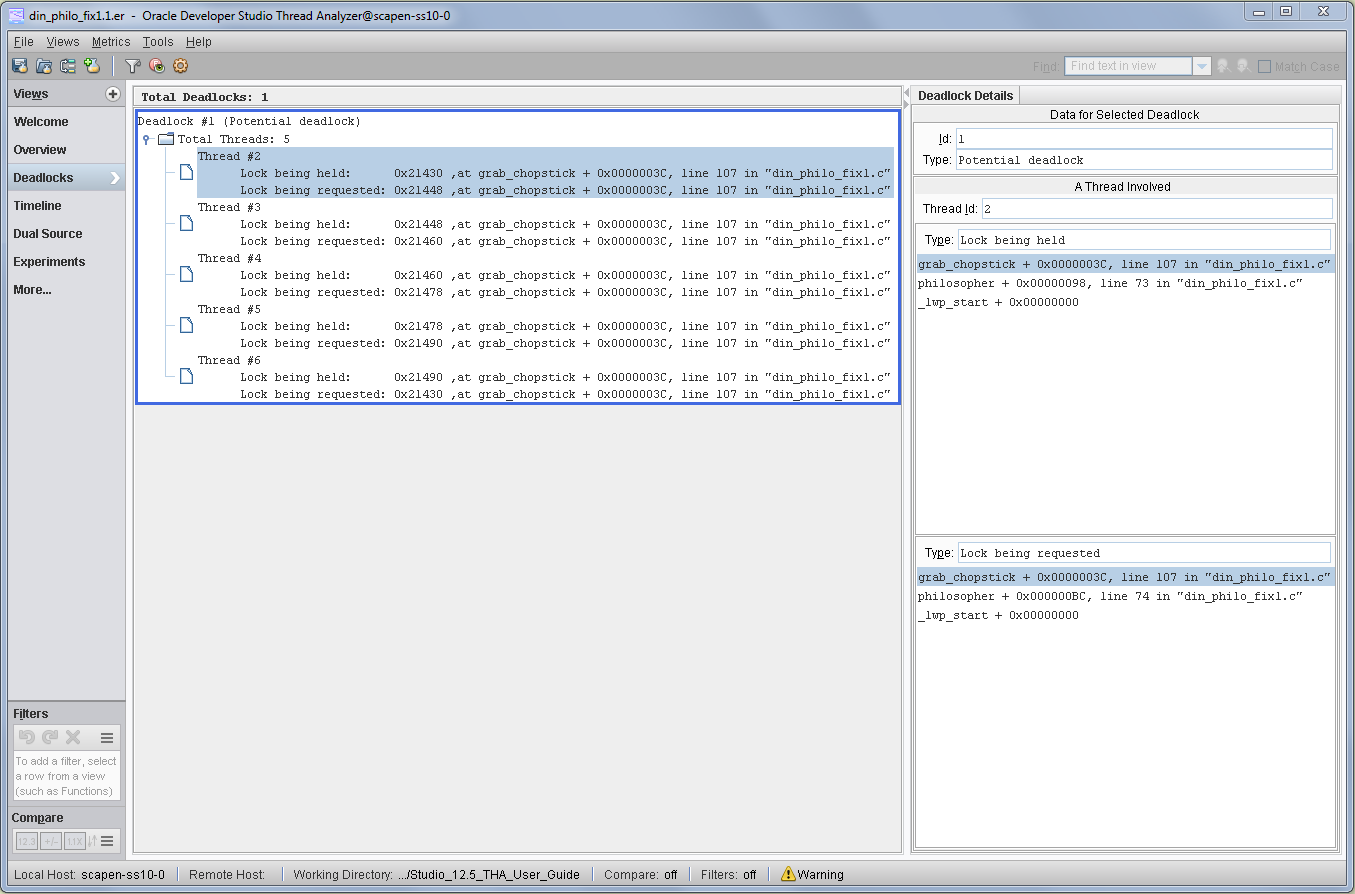image:A screen shot of the Thread Analyzer window which shows a deadlock in Thread                 #2.