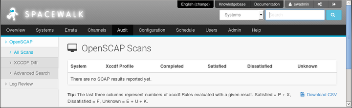 The image shows the OpenSCAP Scans page of the Spacewalk web interface.
