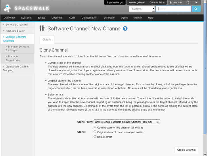 The image shows the Clone Channel page of the Spacewalk web interface.