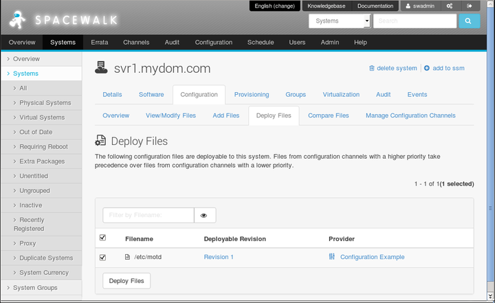 The image shows the Deploy Files page of the Spacewalk web interface.