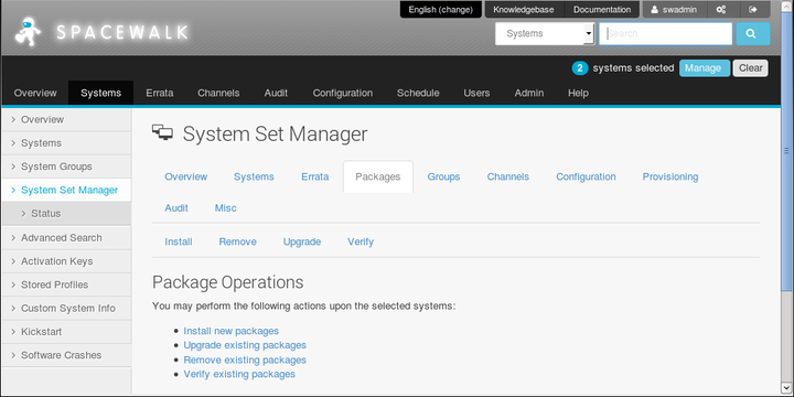 The image shows the Package Operations page of the Spacewalk web interface.