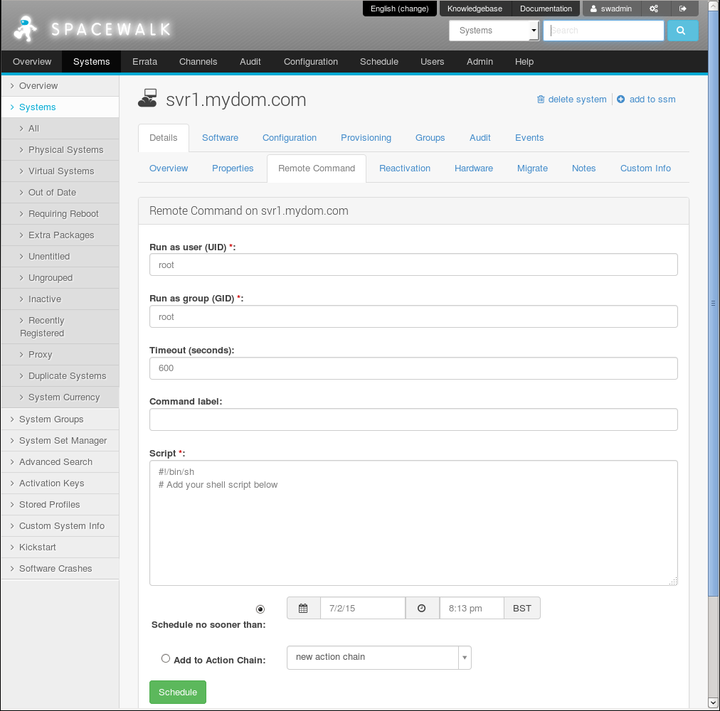 The image shows the Remote Command page of the Spacewalk web interface.