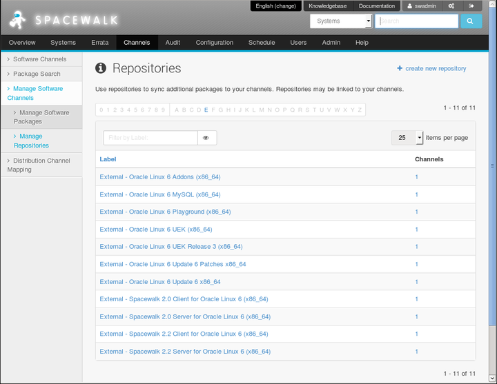 The image shows the Repositories page of the Spacewalk web interface.