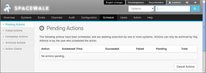 The image shows the Pending Actions page of the Spacewalk web interface.