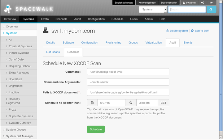 The image shows the Schedule New XCCDF Scan page of the Spacewalk web interface.