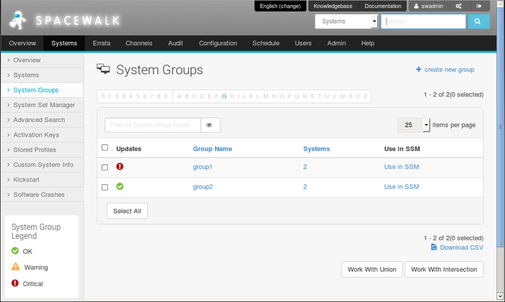 The image shows the System Groups page of the Spacewalk web interface.