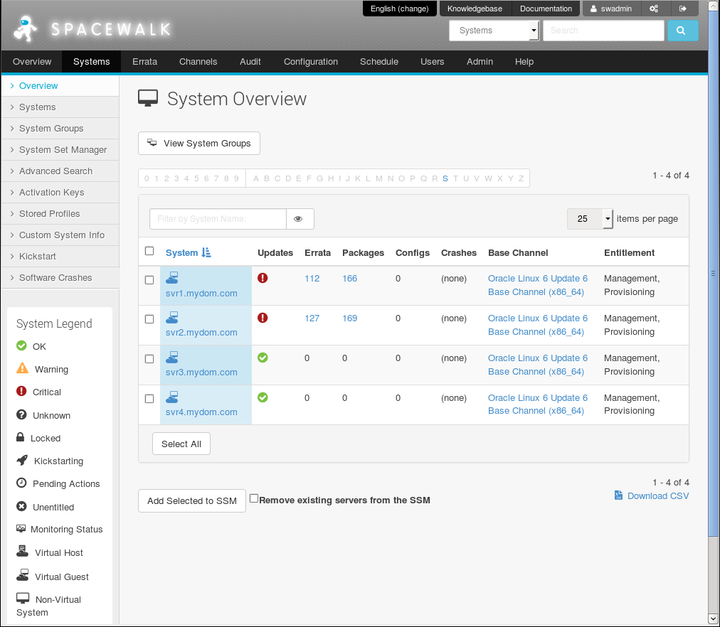 The image shows the System Overview page of the Spacewalk web interface.