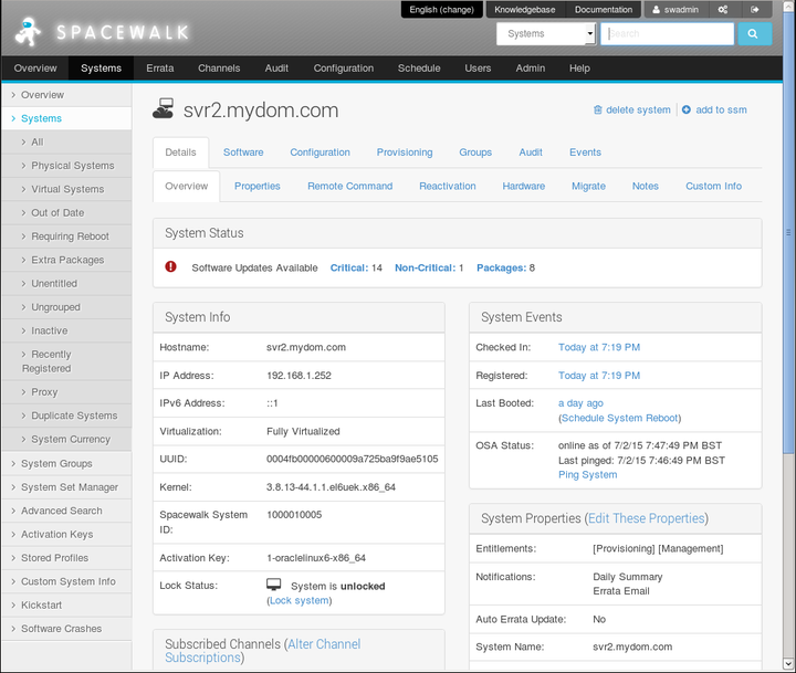 The image shows the System Status page of the Spacewalk web interface.
