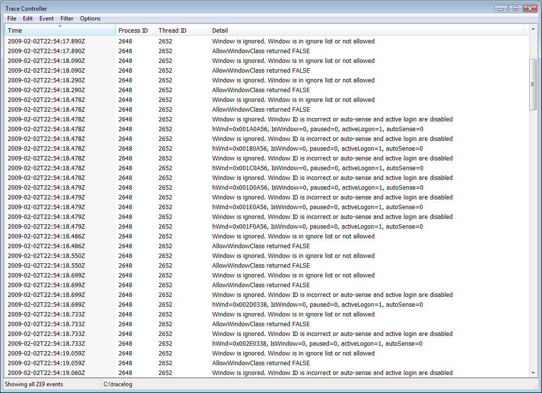 Trace Controller logged events