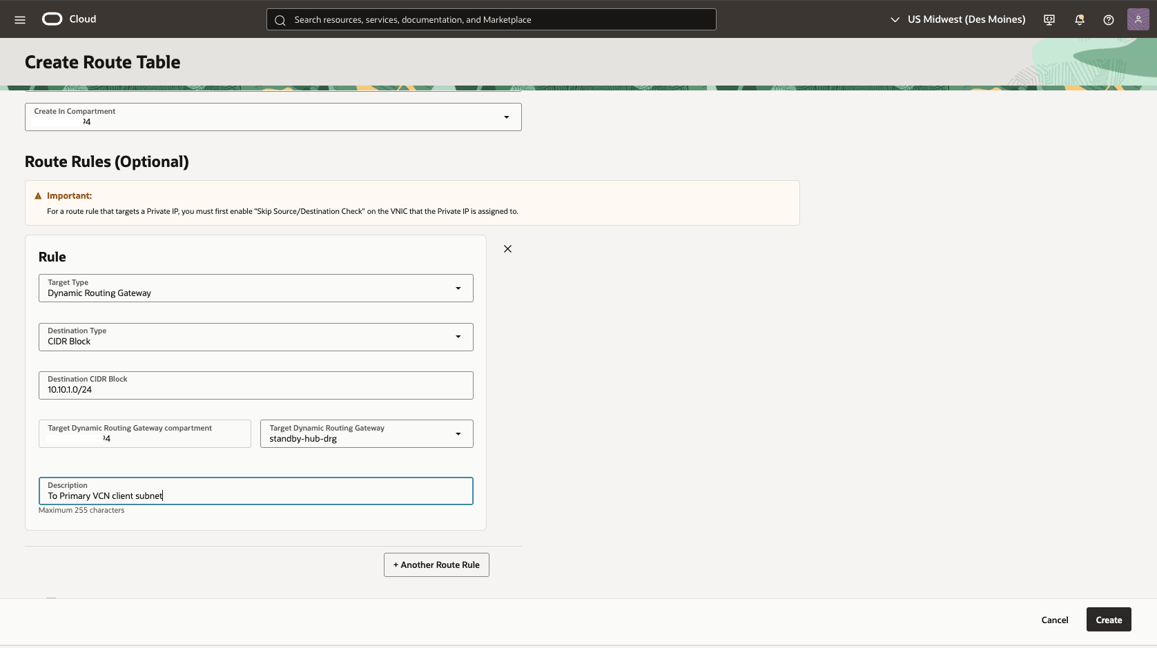 This screenshot shows how to configure the network in the standby region.