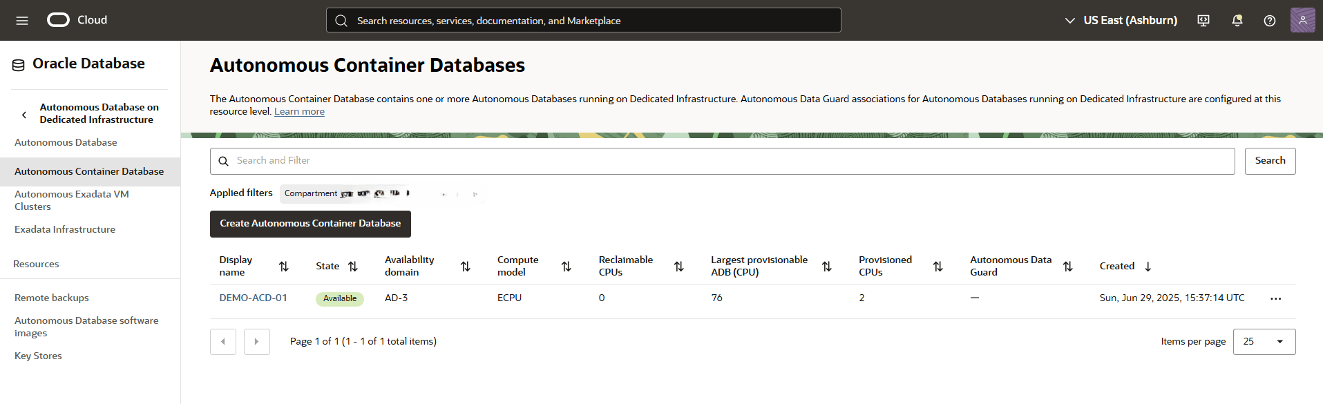 This screenshot shows the final step of creating an Autonomous Container Database. This screenshot shows the final step of creating an Autonomous Container Database.