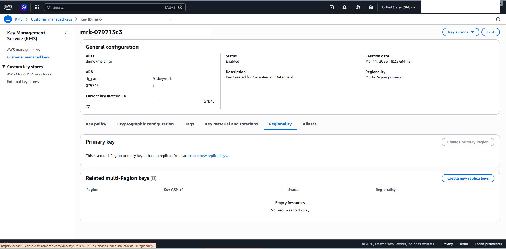 This screenshot shows how to enable the multi-region key in AWS KMS.