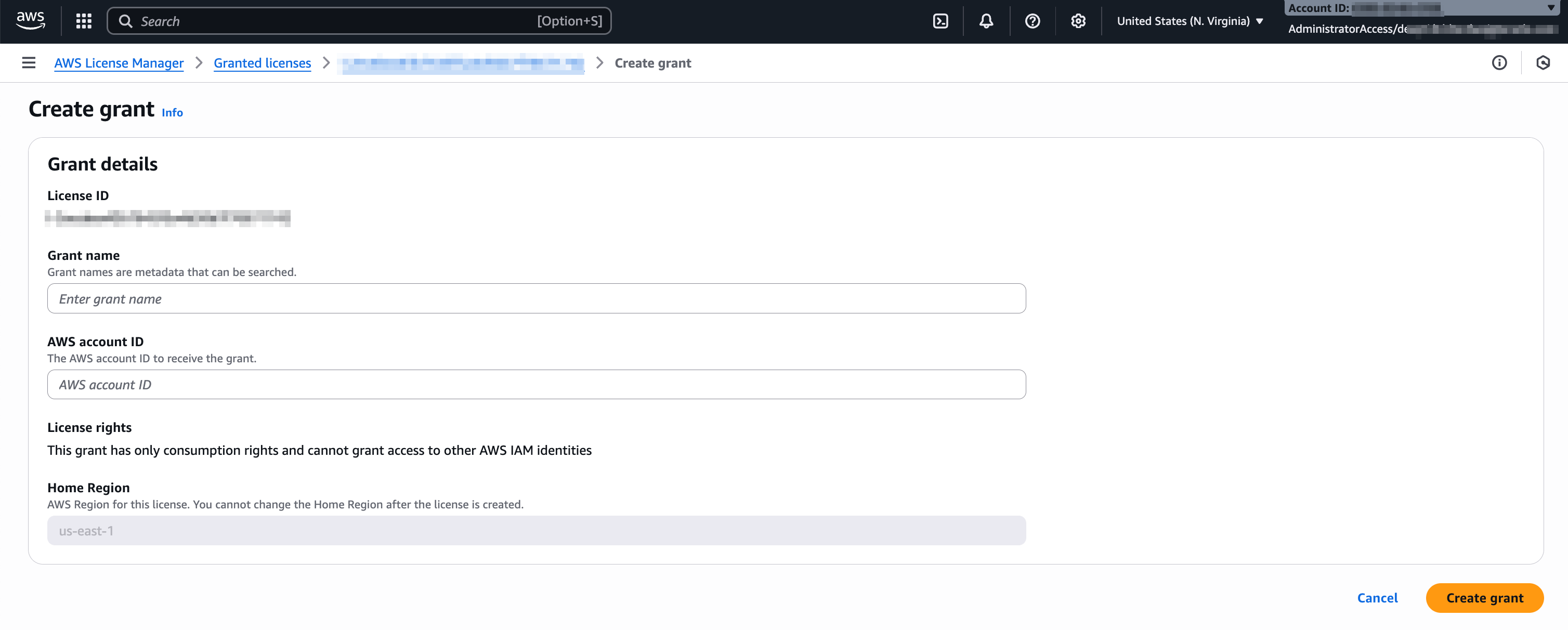 Click to expand Create grant page in AWS Console.