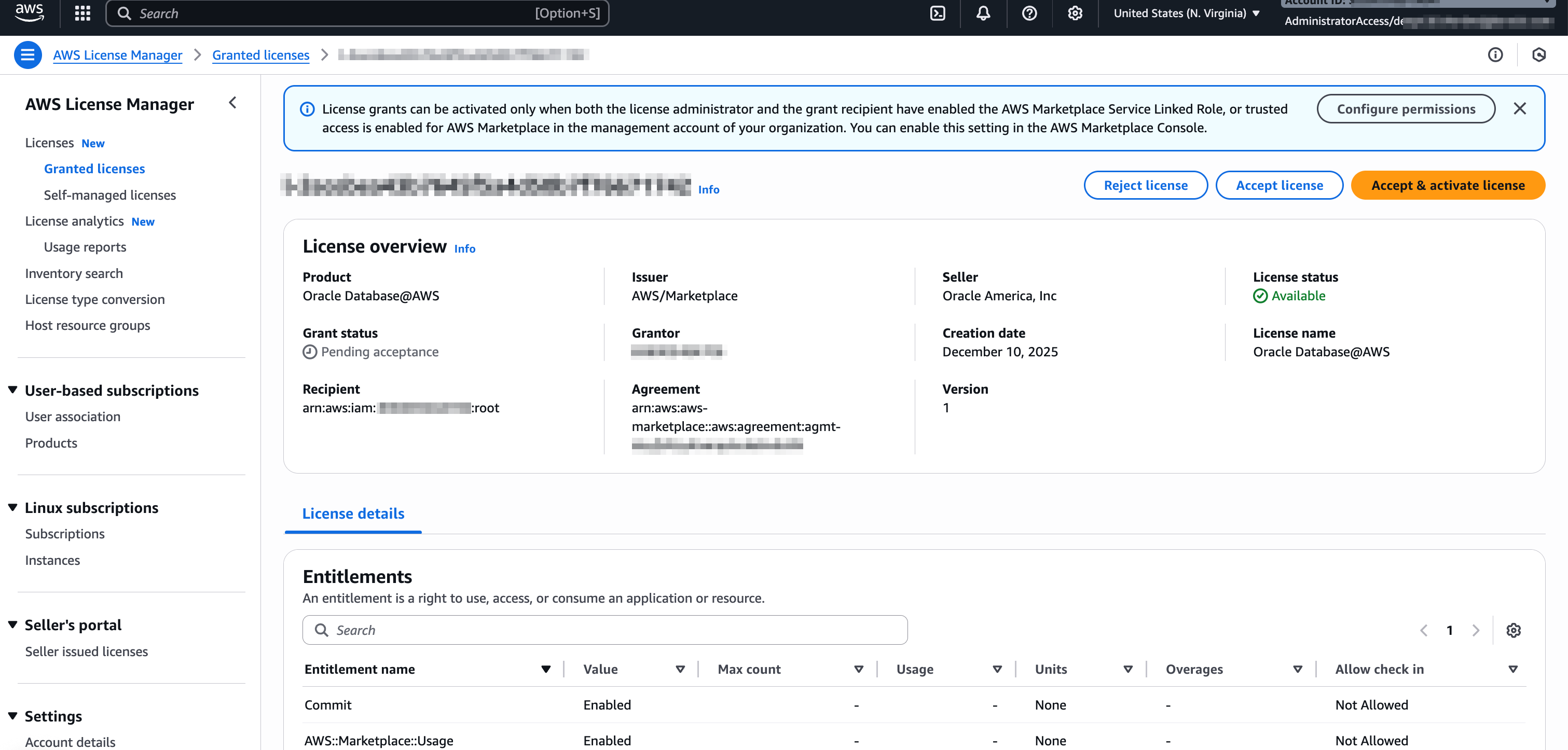 Click to expand Accept & activate license button on license details page in License Manager (AWS Console).