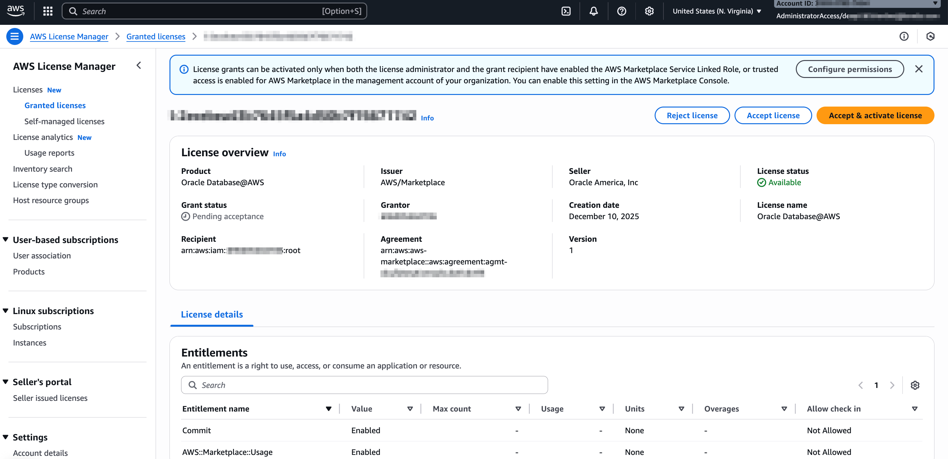 Click to expand Accept & activate license button on license details page in License Manager (AWS Console).