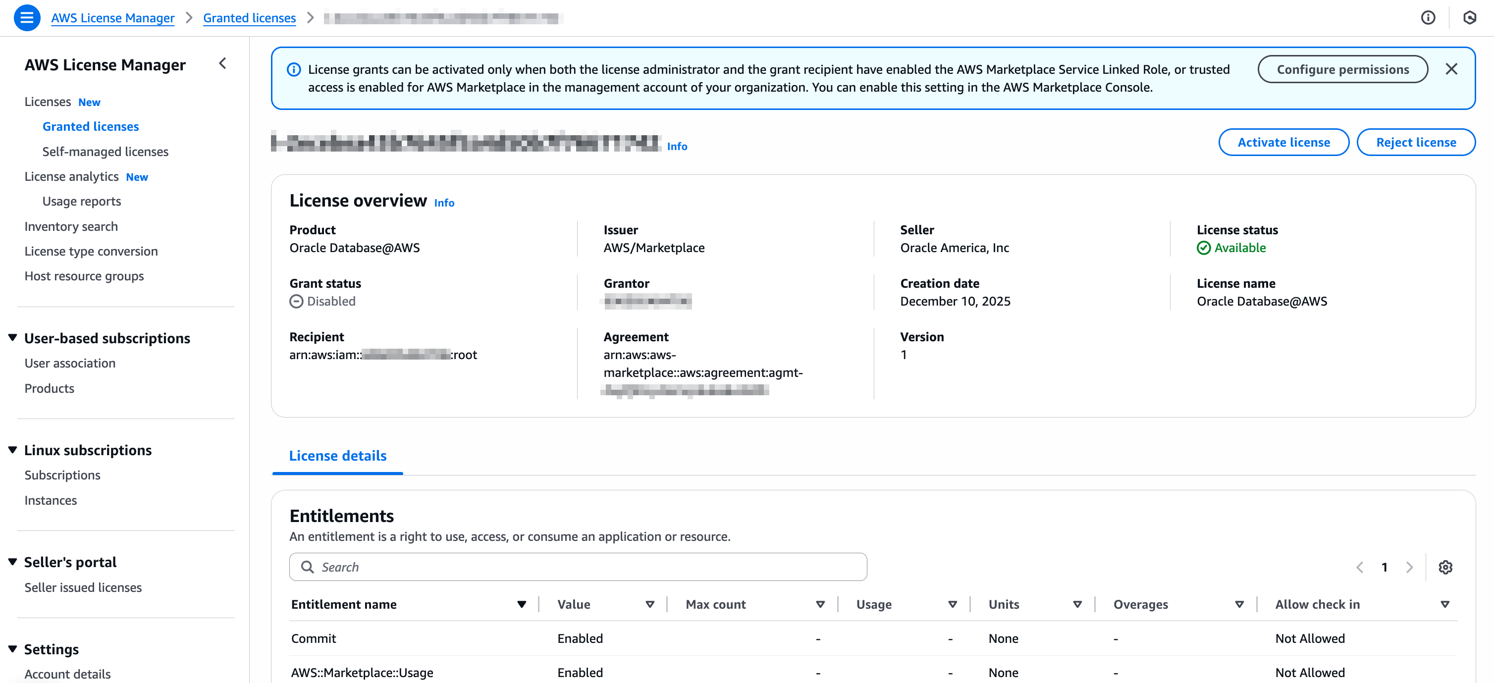 Click to expand Activate license button on license details page in License Manager (AWS Console).