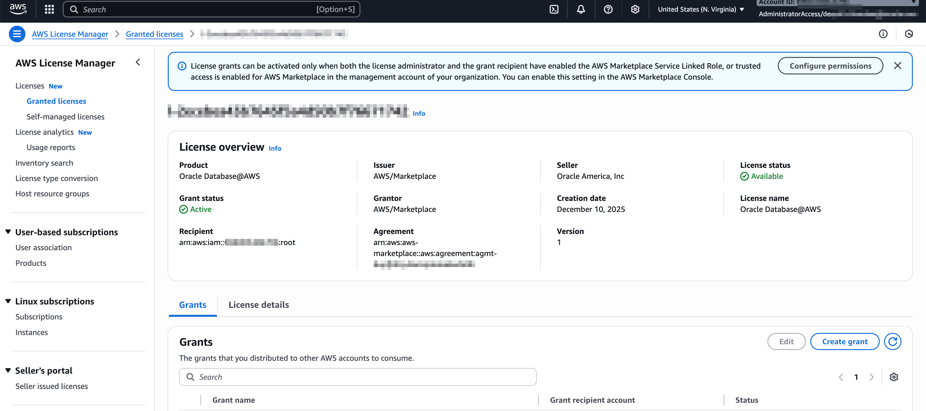 Click to expand License details page in License Manager (AWS Console).