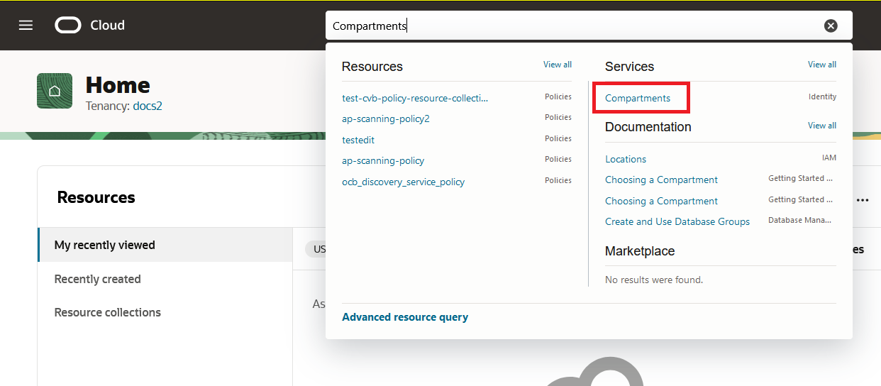 Click to expand An image of an OCI console search for "compartments"
